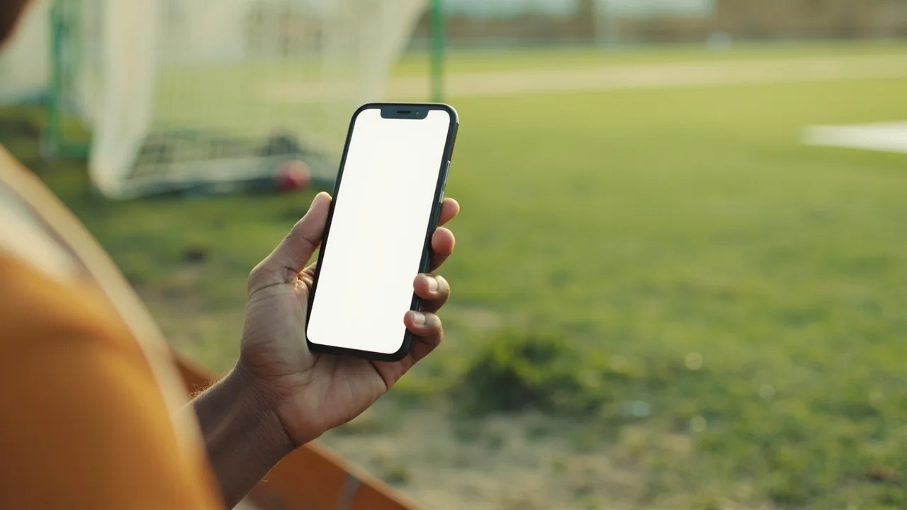 Cricket fan holding a phone beside an outdoor practice ground