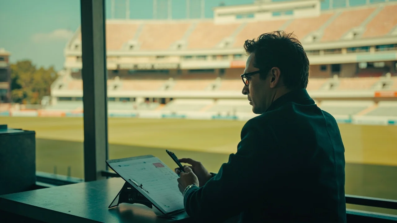 Cricket analyst reviewing matchday notes from a scorer's desk overlooking the ground